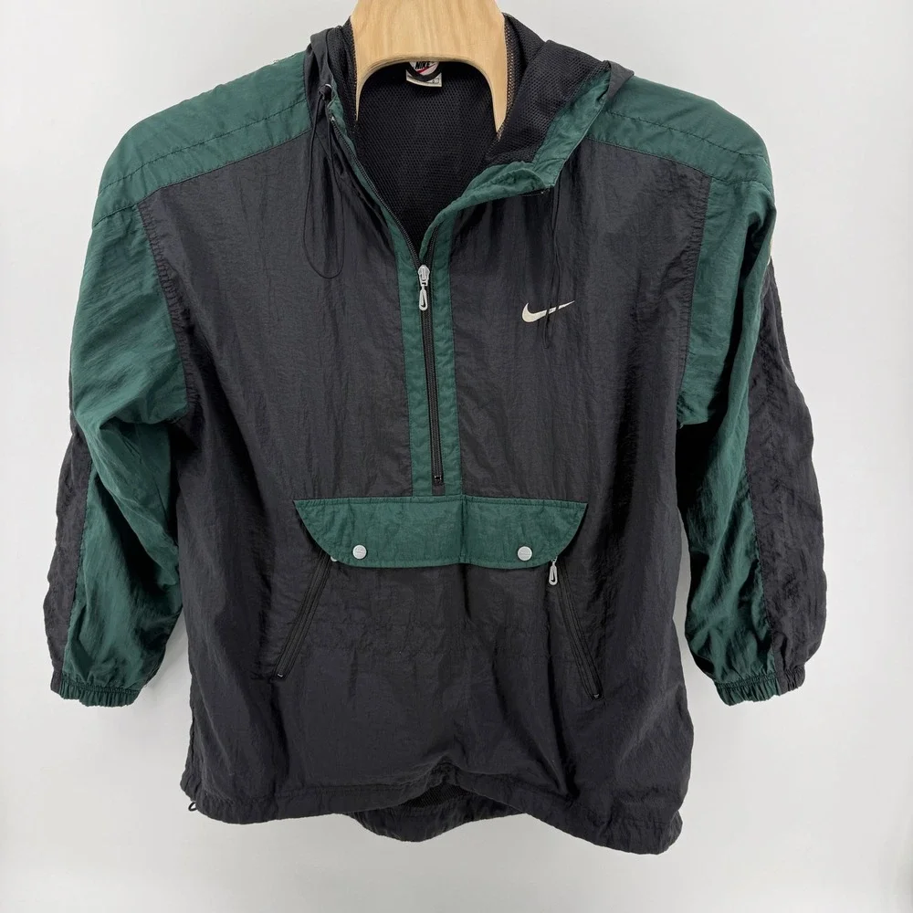 Vintage 90s Nike‎ Windbreaker Half Zip Anorak Jacket Black Green Mens Large